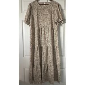 Leopard Print Tiered Maxi Dress XL Puff Short Sleeve Boho Flowy Light Relaxed